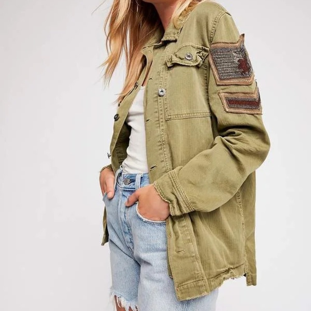 Free People Embellished Military Shirt Jacket in Olive Green Size Medium